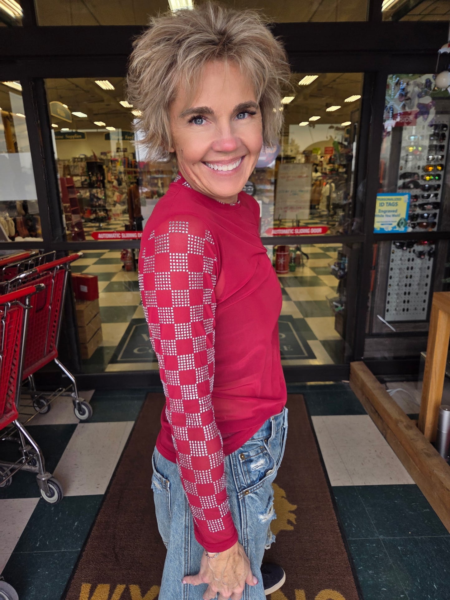 Sterling Kreek Checked in Maroon Mesh Top