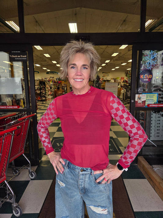 Sterling Kreek Checked in Maroon Mesh Top